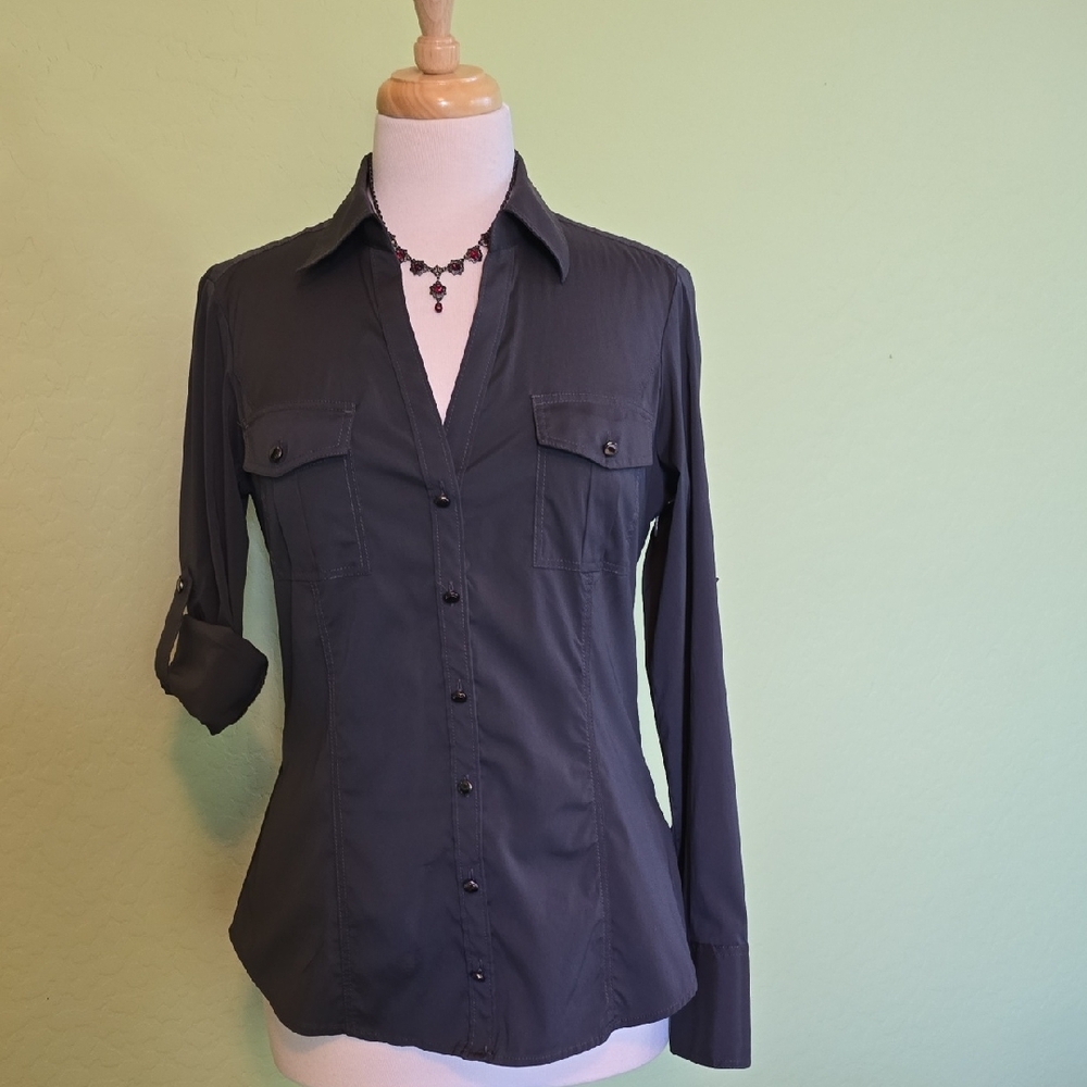 Express Dark Gray Button-Down Shirt for Women - Picture 3 of 9